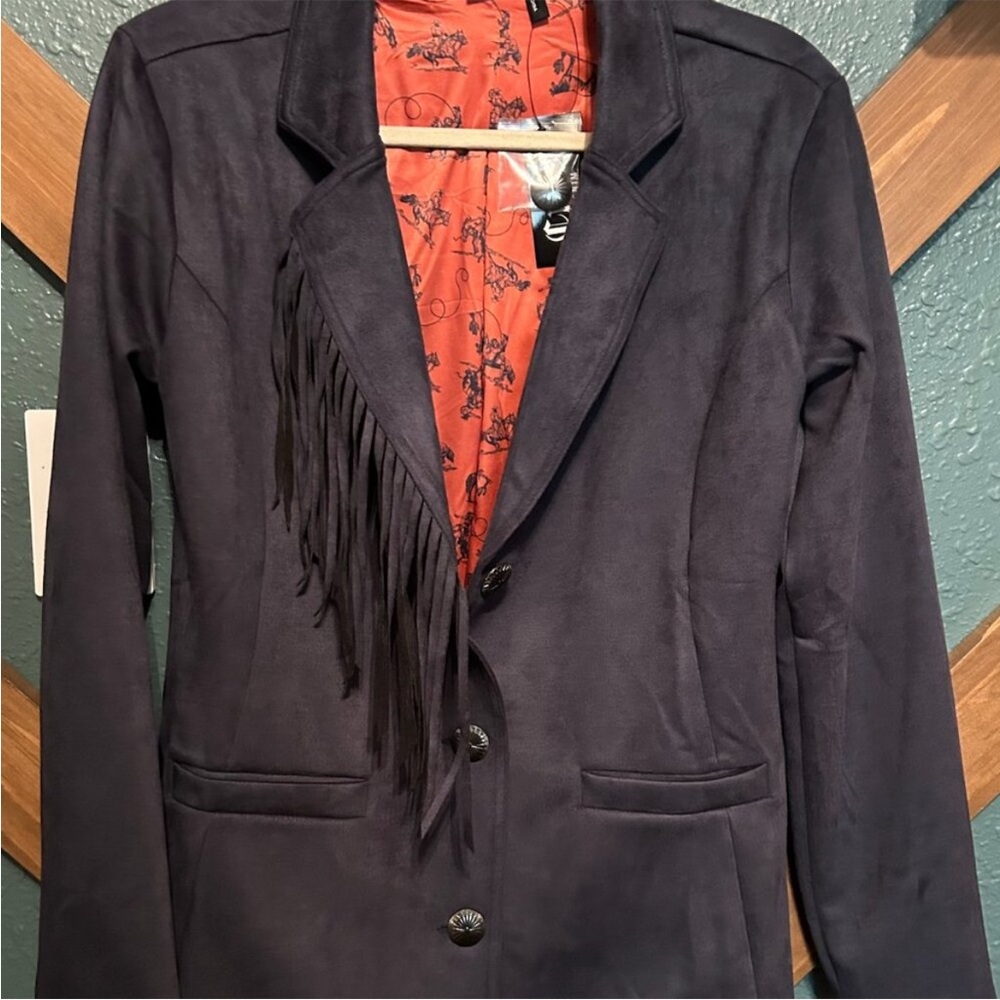 Cruel Girl Navy Suede Fringe Blazer with Orange Western Lining XL NWT